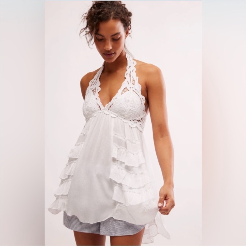 Free People One *Adella* White Lace Tiered Ruffle Halter Slip. NWT. Medium